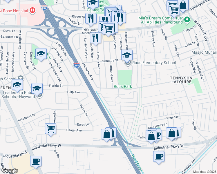 map of restaurants, bars, coffee shops, grocery stores, and more near 28188 Ormond Avenue in Hayward