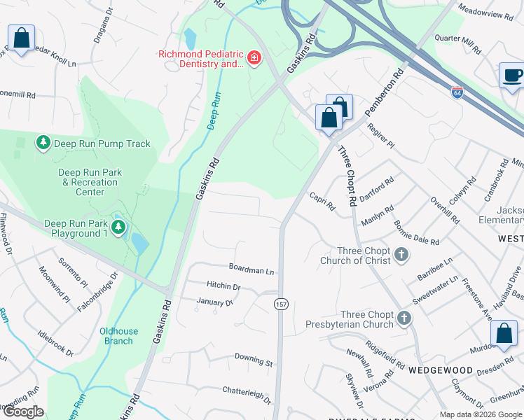 map of restaurants, bars, coffee shops, grocery stores, and more near 9606 Woodstream Drive in Richmond
