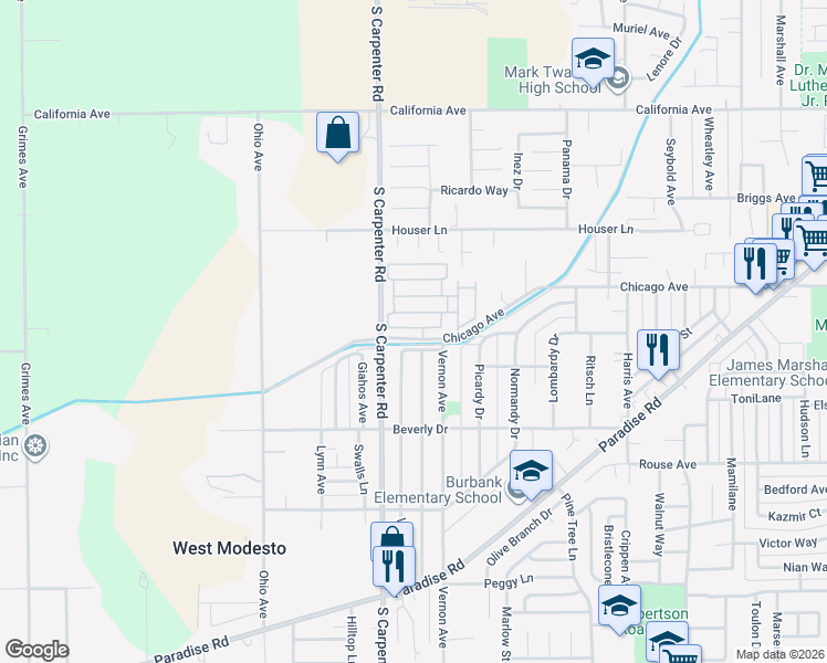 map of restaurants, bars, coffee shops, grocery stores, and more near 1200 South Carpenter Road in Modesto