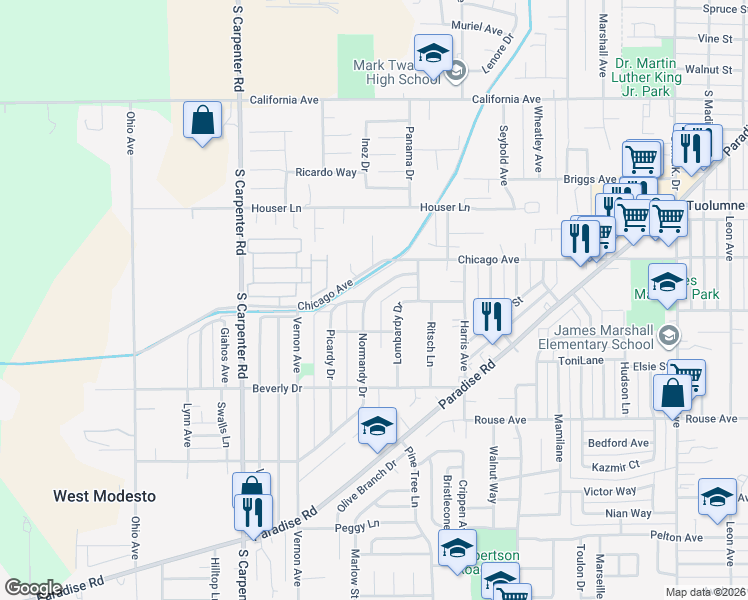 map of restaurants, bars, coffee shops, grocery stores, and more near 1244 Normandy Drive in Modesto