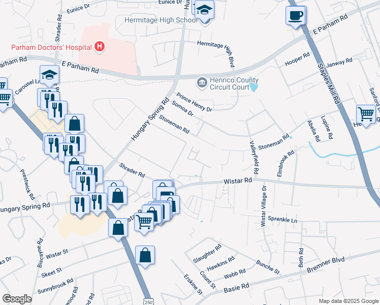map of restaurants, bars, coffee shops, grocery stores, and more near 7515 Willow Crossing Terrace in Henrico