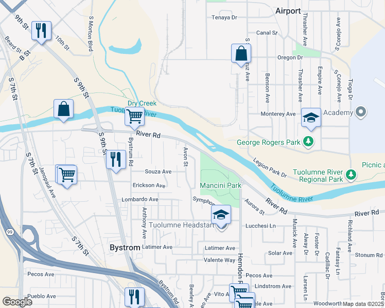 map of restaurants, bars, coffee shops, grocery stores, and more near 408 Mancini Way in Modesto