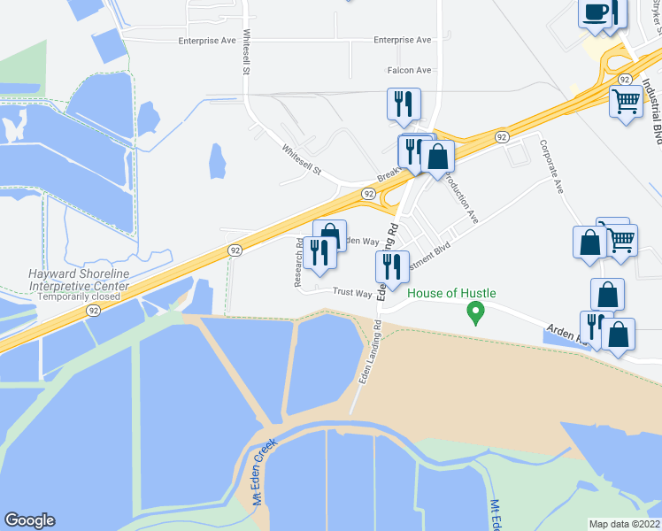 map of restaurants, bars, coffee shops, grocery stores, and more near 3967 Trust Way in Hayward