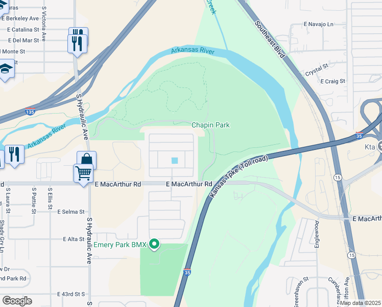 map of restaurants, bars, coffee shops, grocery stores, and more near 2320 East MacArthur Road in Wichita