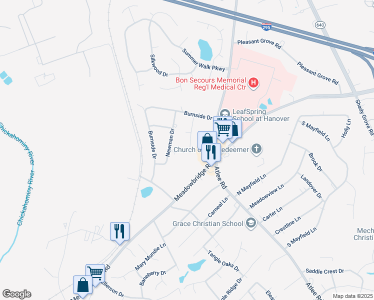 map of restaurants, bars, coffee shops, grocery stores, and more near 8145 Burnside Court in Mechanicsville