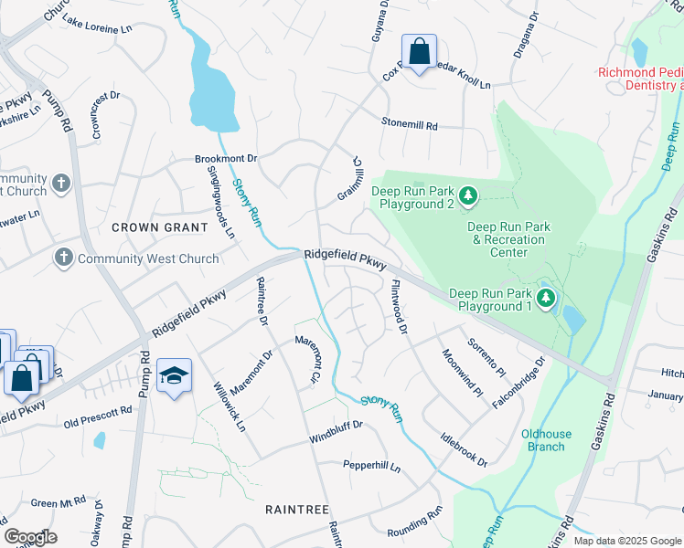 map of restaurants, bars, coffee shops, grocery stores, and more near 2026 Boulder Run Drive in Henrico