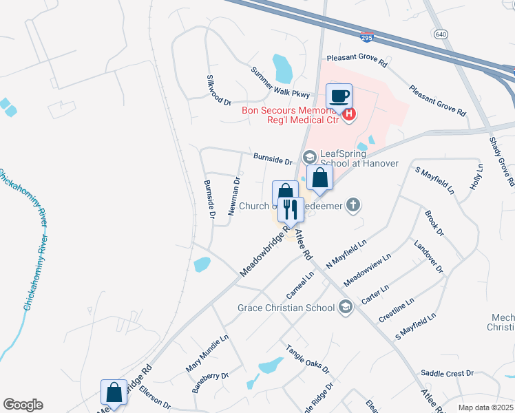 map of restaurants, bars, coffee shops, grocery stores, and more near 8145 Burnside Court in Mechanicsville