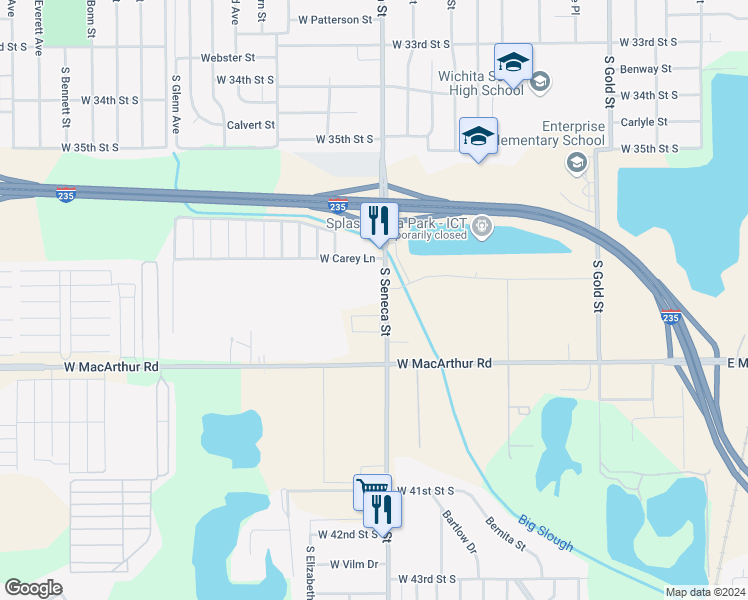 map of restaurants, bars, coffee shops, grocery stores, and more near 3863 South Seneca Street in Wichita