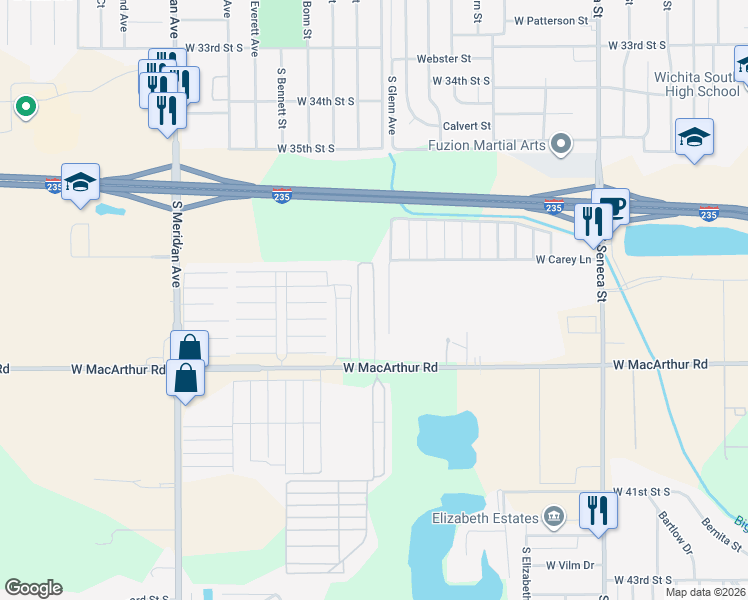 map of restaurants, bars, coffee shops, grocery stores, and more near 1912 West Macarthur Road in Wichita