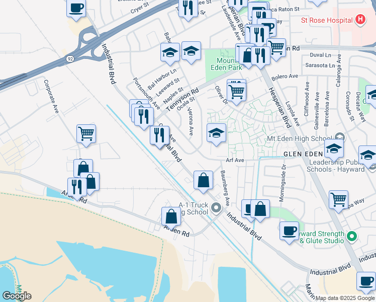 map of restaurants, bars, coffee shops, grocery stores, and more near 27621 Capri Avenue in Hayward