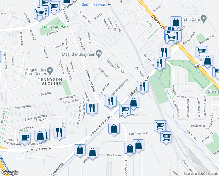 map of restaurants, bars, coffee shops, grocery stores, and more near 533 Branaugh Court in Hayward