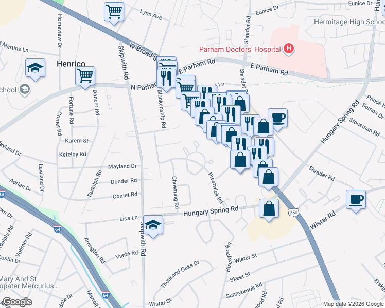 map of restaurants, bars, coffee shops, grocery stores, and more near 2478 Three Willows Court in Henrico