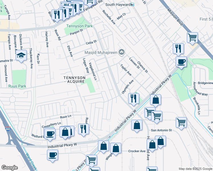 map of restaurants, bars, coffee shops, grocery stores, and more near 29255 Harpoon Way in Hayward