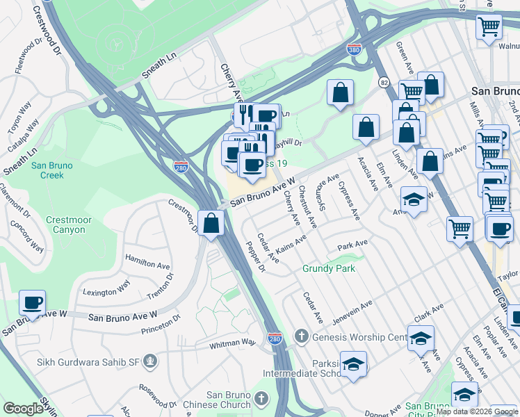 map of restaurants, bars, coffee shops, grocery stores, and more near 1789 Hickory Avenue in San Bruno