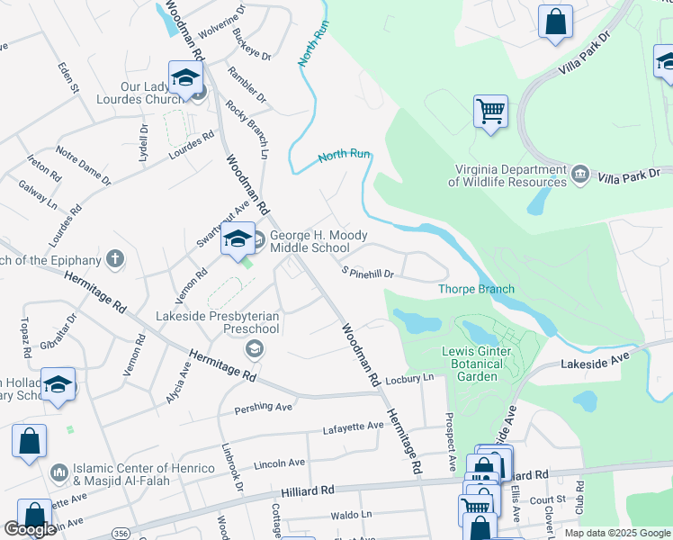 map of restaurants, bars, coffee shops, grocery stores, and more near 7616 South Pinehill Drive in Richmond