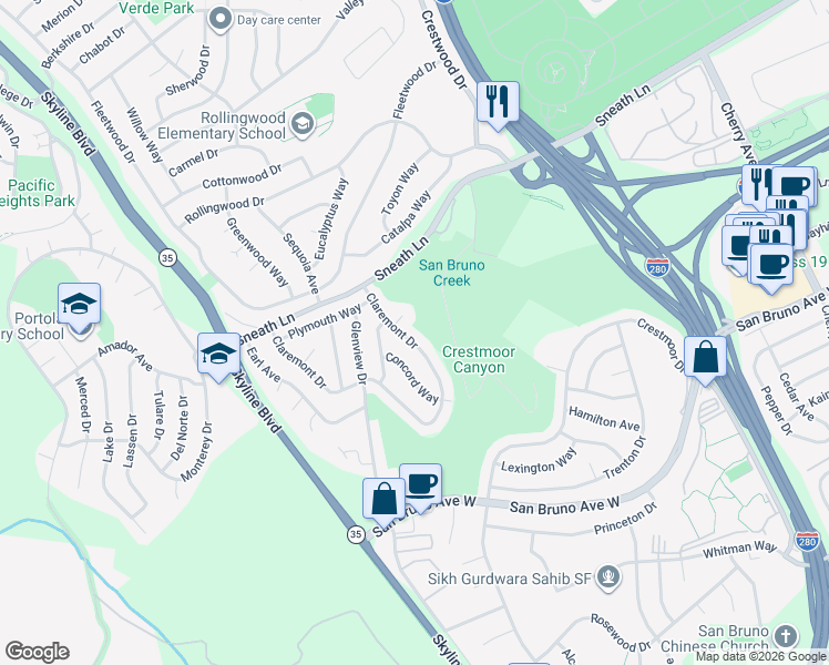 map of restaurants, bars, coffee shops, grocery stores, and more near 1300 Claremont Drive in San Bruno