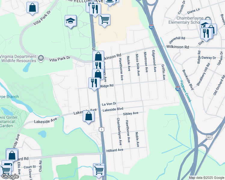 map of restaurants, bars, coffee shops, grocery stores, and more near 7414 Chamberlayne Avenue in Richmond