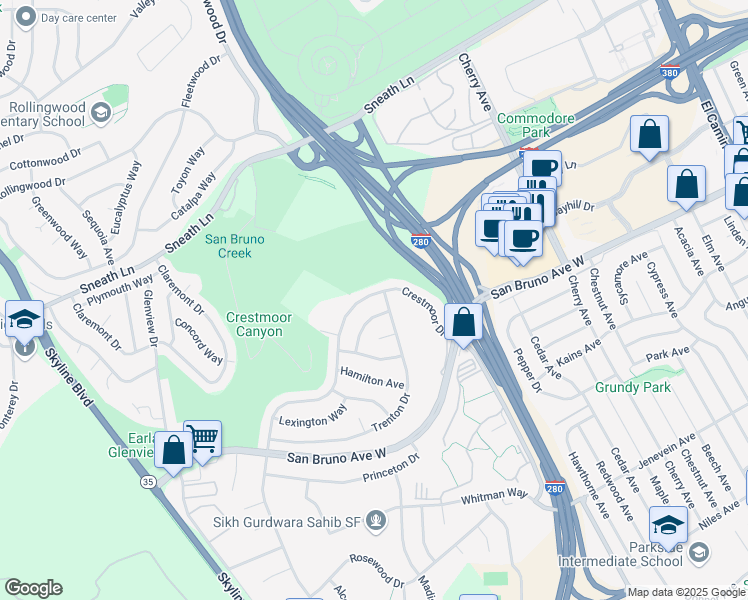 map of restaurants, bars, coffee shops, grocery stores, and more near 2225 Crestmoor Drive in San Bruno