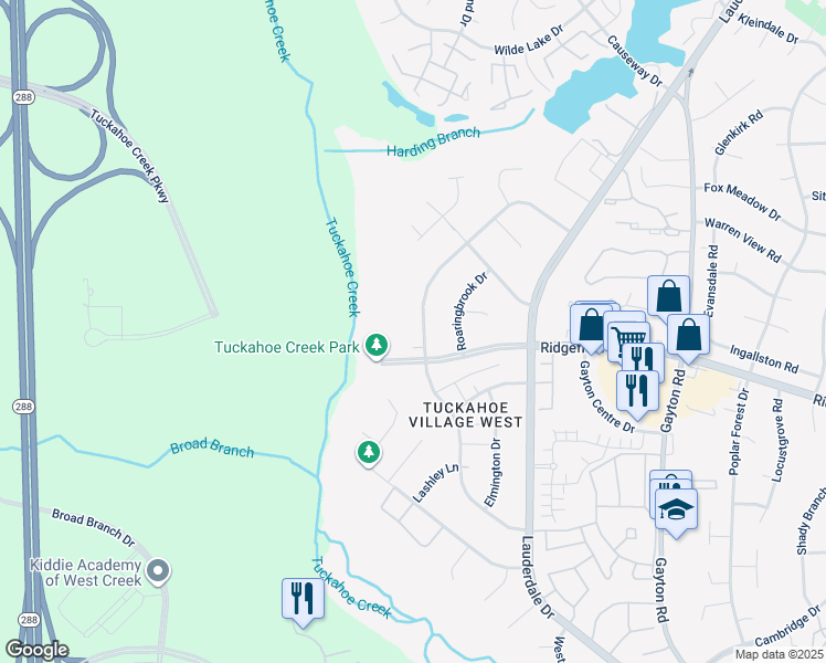 map of restaurants, bars, coffee shops, grocery stores, and more near 12326 Ridgefield Parkway in Richmond