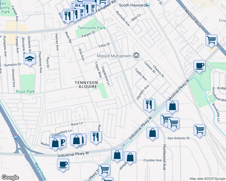 map of restaurants, bars, coffee shops, grocery stores, and more near 29235 Lonetree Place in Hayward