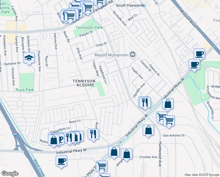 map of restaurants, bars, coffee shops, grocery stores, and more near 29235 Lonetree Place in Hayward