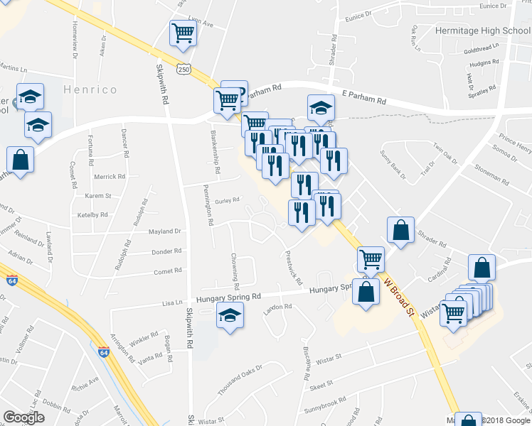 map of restaurants, bars, coffee shops, grocery stores, and more near 2478 Three Willows Court in Henrico