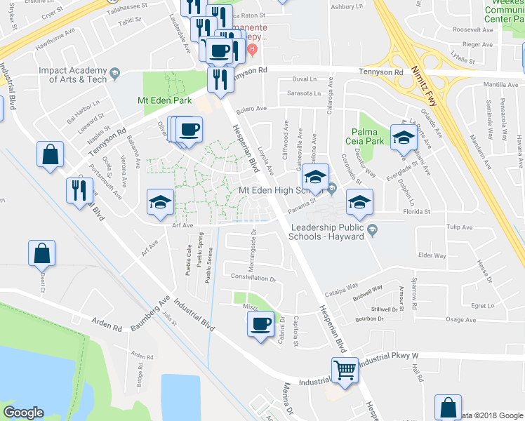 map of restaurants, bars, coffee shops, grocery stores, and more near 2421 Arf Avenue in Hayward