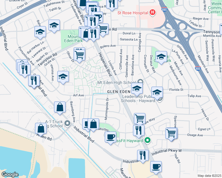 map of restaurants, bars, coffee shops, grocery stores, and more near 2421 Arf Avenue in Hayward
