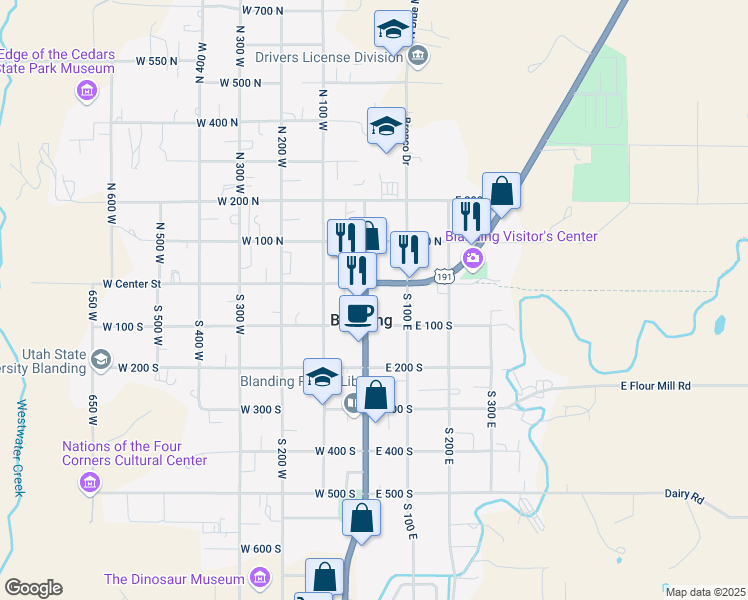 map of restaurants, bars, coffee shops, grocery stores, and more near 55 South Main Street in Blanding