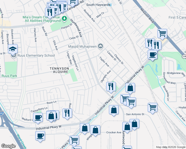 map of restaurants, bars, coffee shops, grocery stores, and more near 159 Huntwood Avenue in Hayward
