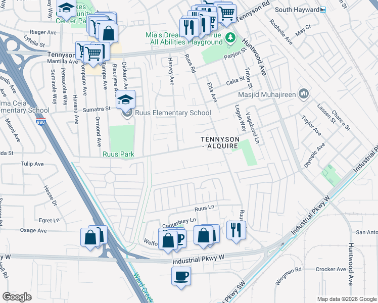 map of restaurants, bars, coffee shops, grocery stores, and more near 1026 Folsom Avenue in Hayward