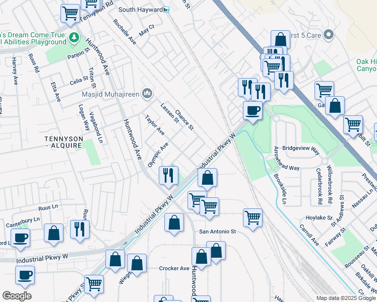 map of restaurants, bars, coffee shops, grocery stores, and more near 244 Mediterranean Avenue in Hayward