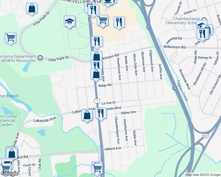 map of restaurants, bars, coffee shops, grocery stores, and more near 7416 Chamberlayne Avenue in Richmond