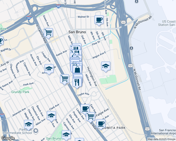 map of restaurants, bars, coffee shops, grocery stores, and more near 147 Sylvan Avenue in San Bruno