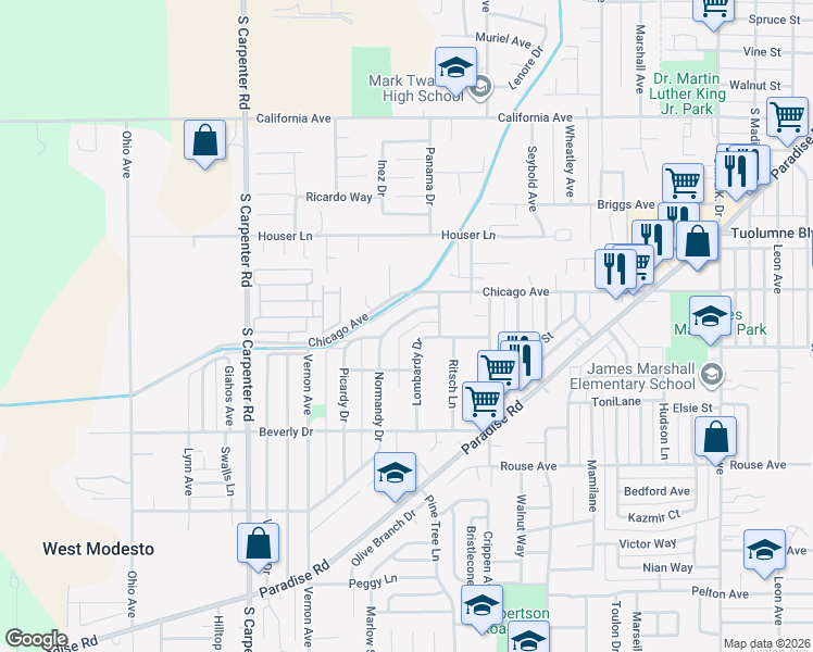 map of restaurants, bars, coffee shops, grocery stores, and more near 1244 Normandy Drive in Modesto
