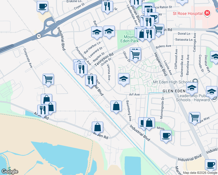 map of restaurants, bars, coffee shops, grocery stores, and more near 27675 Portsmouth Avenue in Hayward