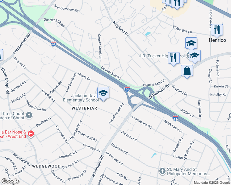 map of restaurants, bars, coffee shops, grocery stores, and more near 8801 Minna Drive in Henrico