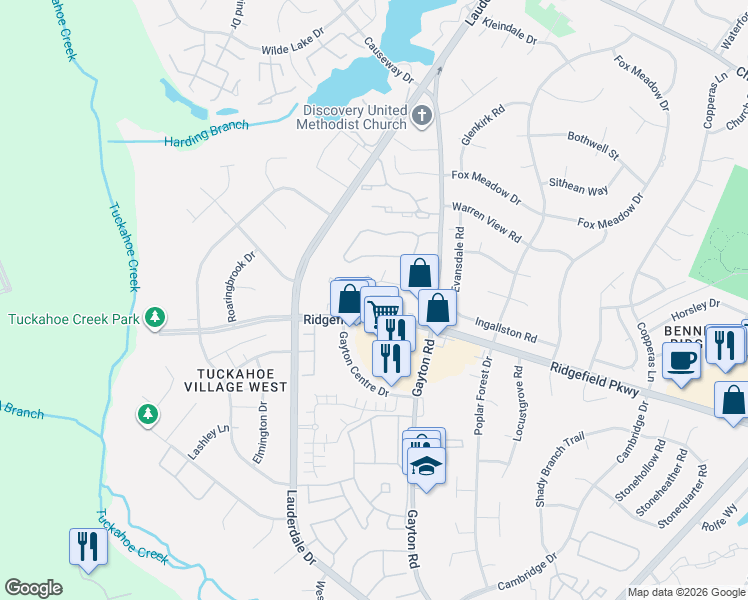 map of restaurants, bars, coffee shops, grocery stores, and more near 12106 Ridgefield Parkway in Henrico