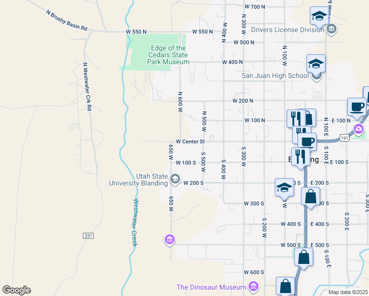map of restaurants, bars, coffee shops, grocery stores, and more near 554 West 100 North in Blanding