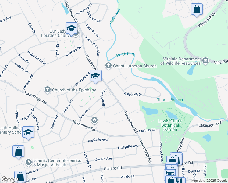 map of restaurants, bars, coffee shops, grocery stores, and more near 7705 Woodman Road in Richmond
