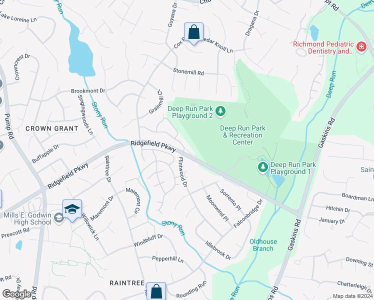 map of restaurants, bars, coffee shops, grocery stores, and more near 2010 Deep Ridge Court in Henrico