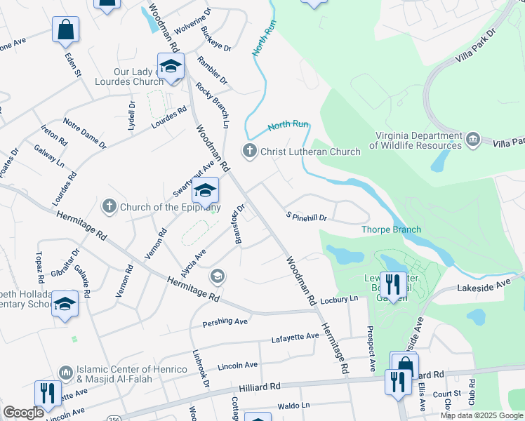 map of restaurants, bars, coffee shops, grocery stores, and more near 7705 Woodman Road in Richmond