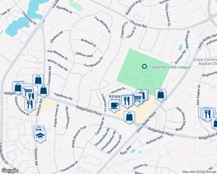 map of restaurants, bars, coffee shops, grocery stores, and more near 2425 Crystal Ridge Road in Richmond