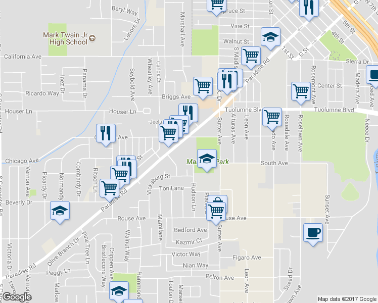 map of restaurants, bars, coffee shops, grocery stores, and more near 620 Paradise Road in Modesto