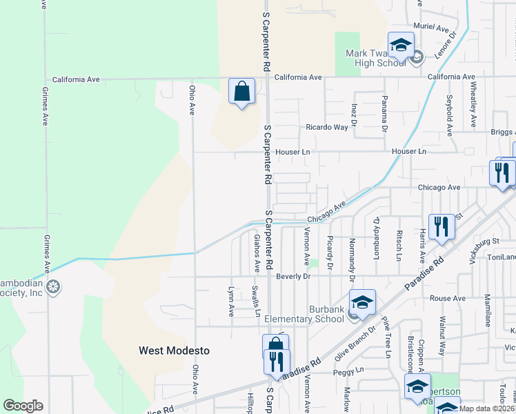 map of restaurants, bars, coffee shops, grocery stores, and more near 1627 Chicago Avenue in Modesto
