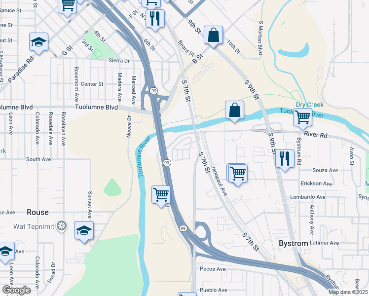 map of restaurants, bars, coffee shops, grocery stores, and more near 433 South 7th Street in Modesto