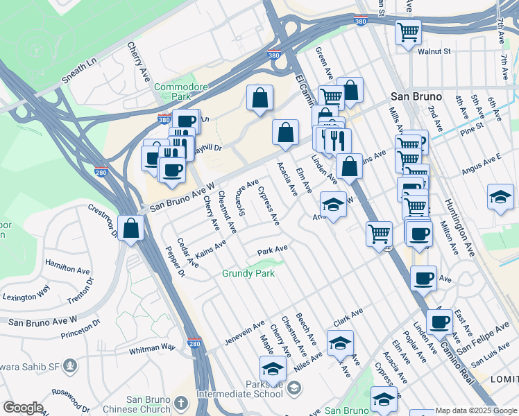 map of restaurants, bars, coffee shops, grocery stores, and more near 701 Olive Court in San Bruno