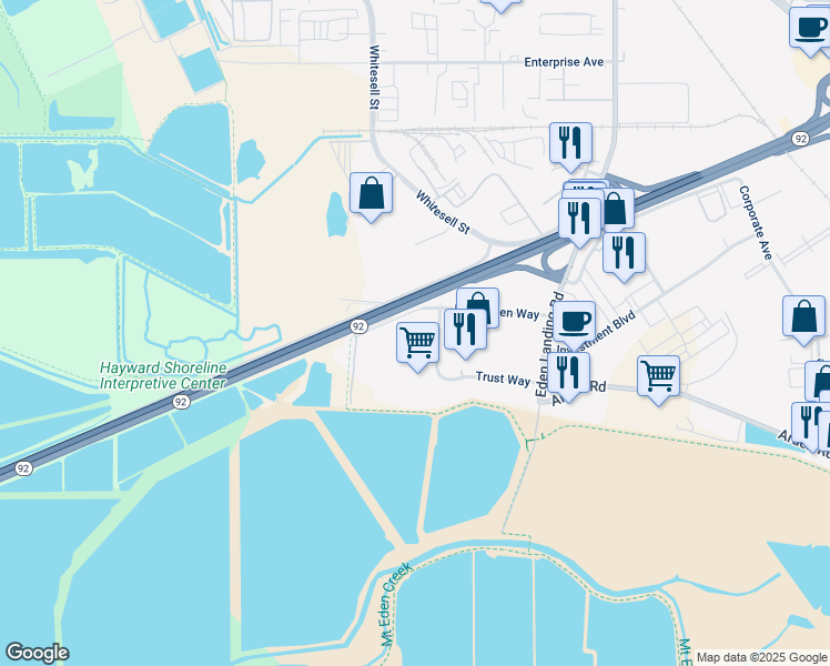 map of restaurants, bars, coffee shops, grocery stores, and more near 4010 Point Eden Way in Hayward