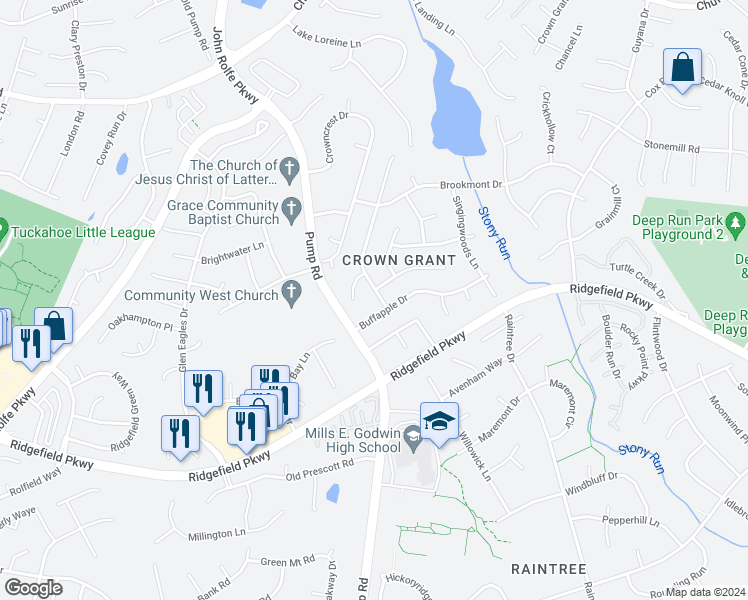 map of restaurants, bars, coffee shops, grocery stores, and more near 2302 Mountainbrook Drive in Richmond