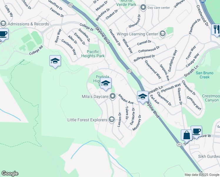 map of restaurants, bars, coffee shops, grocery stores, and more near 300 Amador Avenue in San Bruno